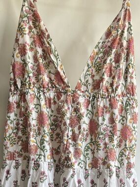 Japna White Maxi Dress with Pink Floral Print and Green Vines